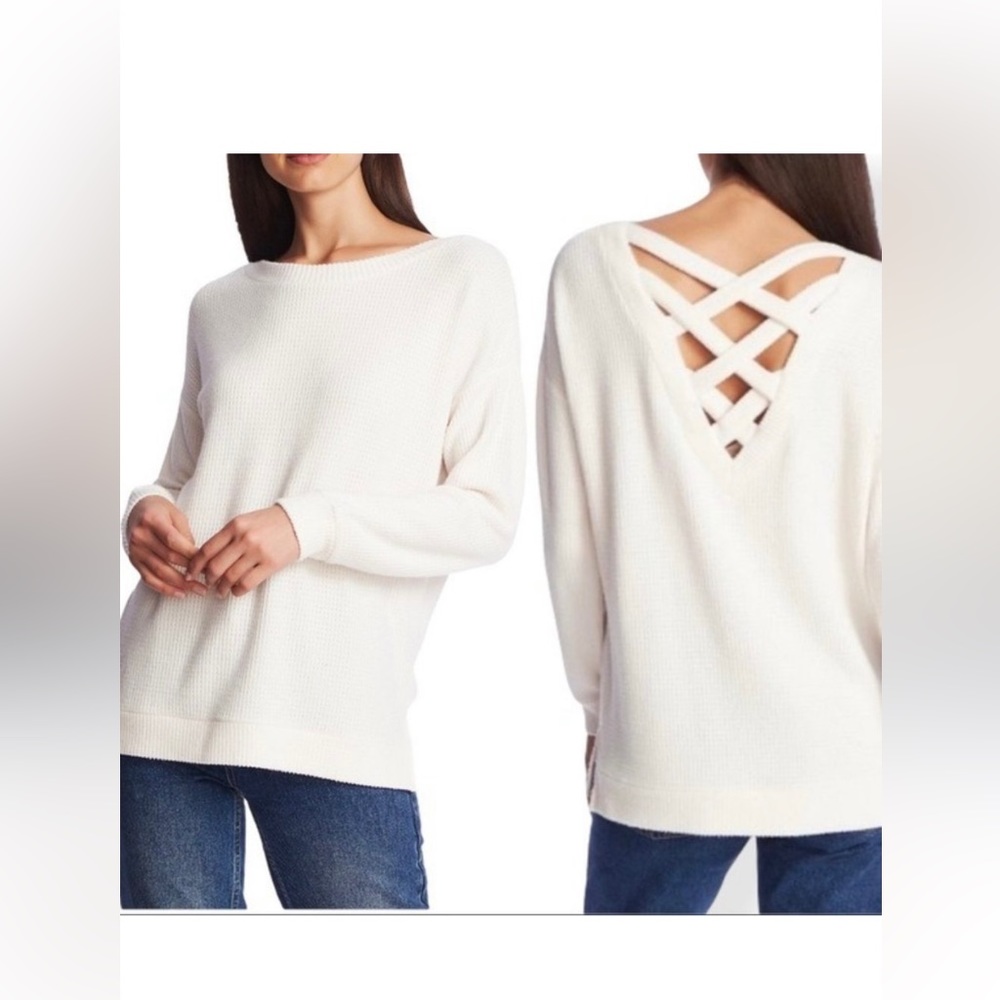 1. STATE Lattice V-Back Waffle Weave Sweater in Ecru NWT